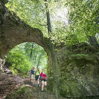 Wanderer am Felsentor bei Unteremmendorf Vier Wanderer gehen einen Waldweg mit Steintreppe unter einem natürlichen Felsbogen hinab.